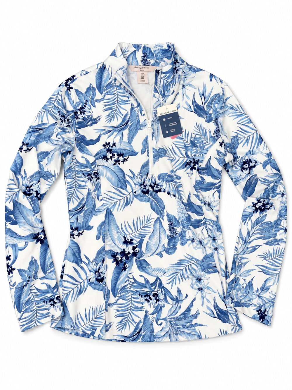 Tommy Bahama Tabu Jungle Size Small White Blue Long Sleeve Mock Golf Shirt